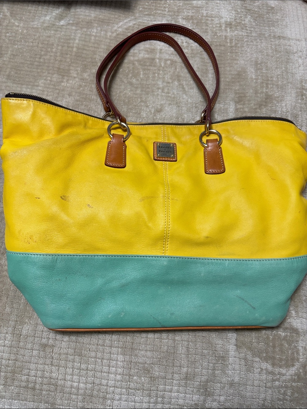 Dooney & Bourke Yellow and Teal Two-Tone Leather Tote with Brown Handles